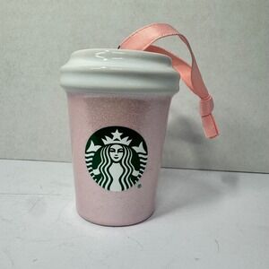Starbucks Pink Glitter Ceramic Coffee Cup Ornament 2020 White Lid Pink Ribbon